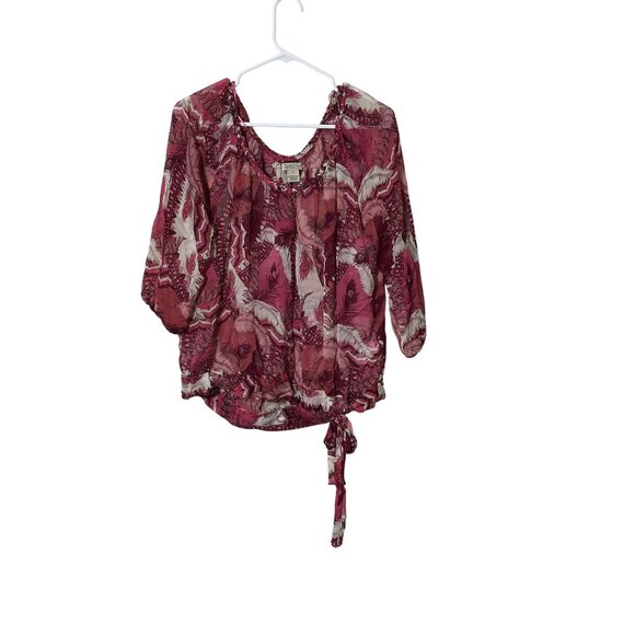 Lucky Brand Womens Peasant Boho Sheer Top Sz S Feather Print Braided Neck - Picture 1 of 12
